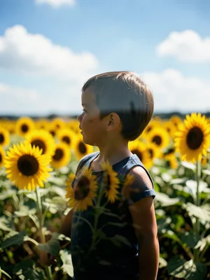 Child's silhouette containing a field of sunflowers under summer sky, double exp