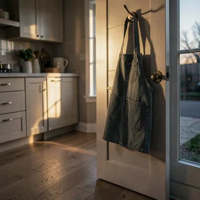 Atmospheric lifestyle of an apron on a hook by a kitchen door, ambient dusk ligh