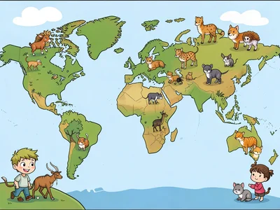 World map with continent animals