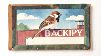 Gouache illustration, sparrow on bakery sign , opaque matte pigment, flat color 