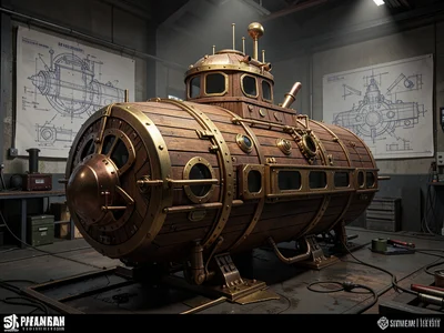 Submarine made of wood and brass with porthole windows, drydock, blueprints on w