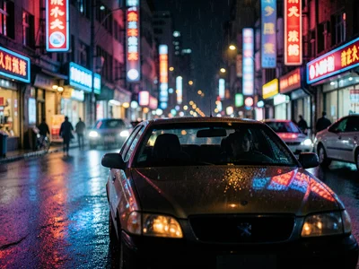 Taxi waiting at a neon-lit intersection, red and blue reflections on wet hood, d