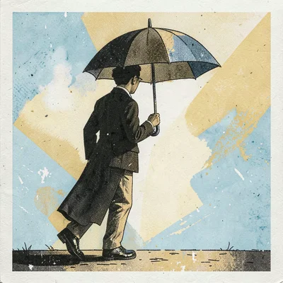 Risograph-style illustration, person walking with umbrella , spot color layer si