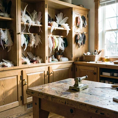inside a Maine fly-tying shop at clear afternoon, oak cabinets stocked with feat