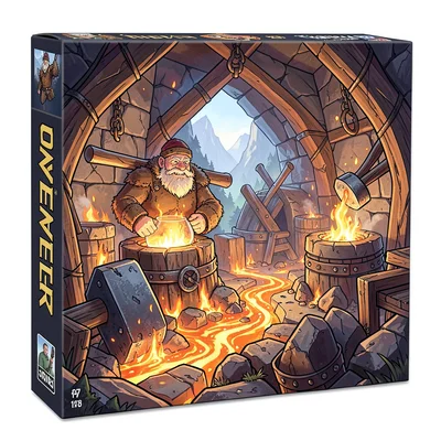 Board game box illustration, a dwarven forge deep in mountains, massive hammers 