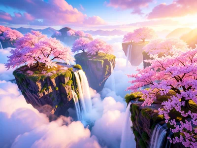 Floating islands covered in cherry blossom trees, waterfalls cascading into clou