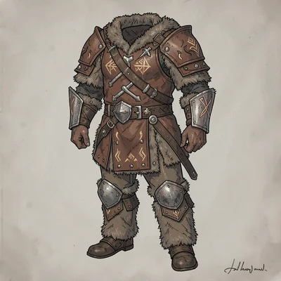 Fantasy armor illustration, a barbarian's fur-lined leather, bone plates and tri