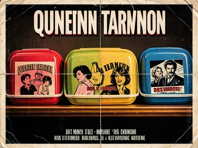 Row of lunch boxes on shelf, different colors and characters