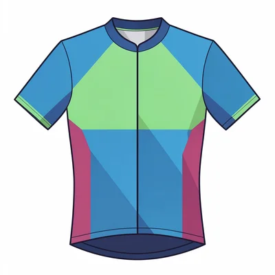 Flat block-colour illustration of a cycling jersey laid out flat, geometric pane