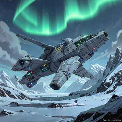 Video game concept art illustration, a frozen wasteland with crashed starship, a
