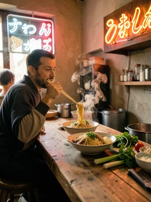Person eating ramen at counter stool, chopsticks raised, steam, neon Japanese si