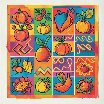 Autumn harvest items in Memphis design grid, squiggles and zigzags, warm neon
