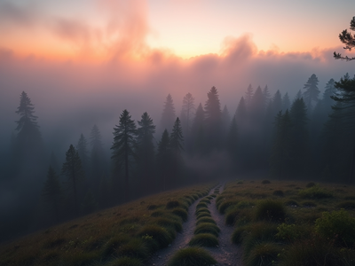 A breathtaking surreal landscape, dreamlike atmosphere,. misty forest trail at dawn. , painted with rich saturated color