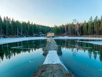 Finnish lake mirror, dead-calm reflection, a frozen lake surface with a single c