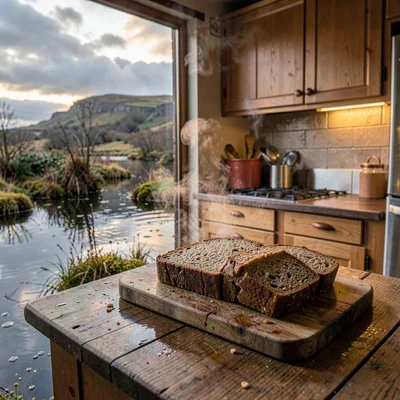 Connemara bog light, Atlantic silver, Fresh soda bread on wooden board, steam ri