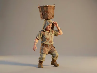 A root-gatherer mid-step balances a tall basket on the head with one steadying h