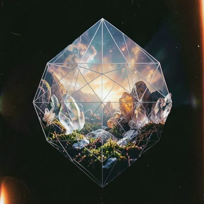 Platonic solid wireframes composited over crystal formations, mathematical ideal