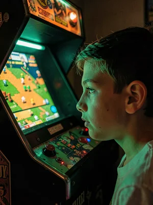 Teenager's face illuminated by vintage arcade cabinet, green and orange game glo
