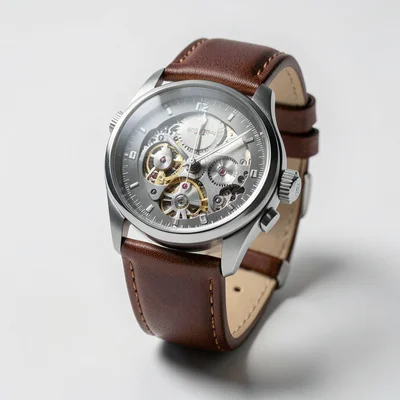 A wristwatch with a brown leather strap, the face showing mechanical complicatio