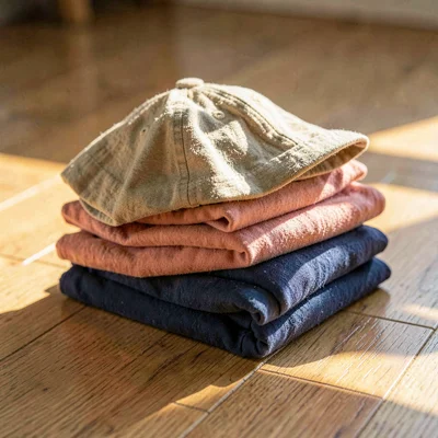 Cassia-warmstack still life of a folded stack of cycling caps in oat, faded cora