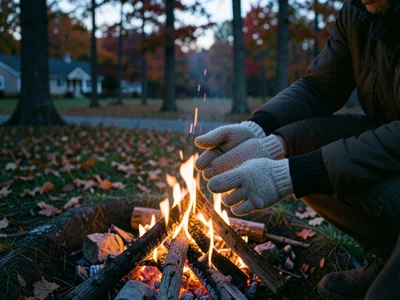 Hands warming over a campfire, knit gloves, autumn forest background, evening li