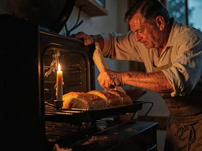 Baker pulling bread from oven by candle, pre-dawn before electricity, the labor 