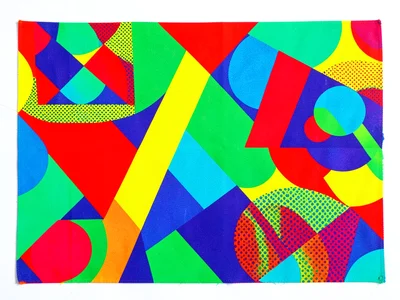 Memphis-pattern beach towel design in dayglo colors, geometric shapes, bold