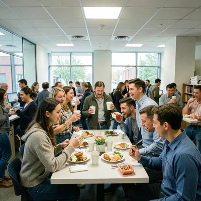 Office lobby with people juggling coffee and takeout at noon