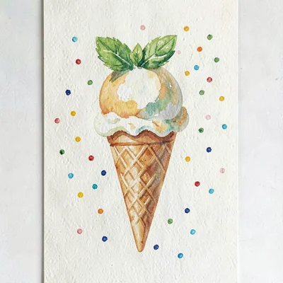 Vertical gouache of a gelato cone and a sprig of mint on cream paper