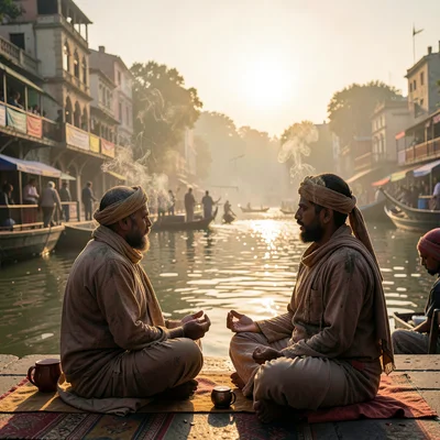 Sacred smoke catching golden Ganges light in Varanasi, Sadhu covered in ash sitt