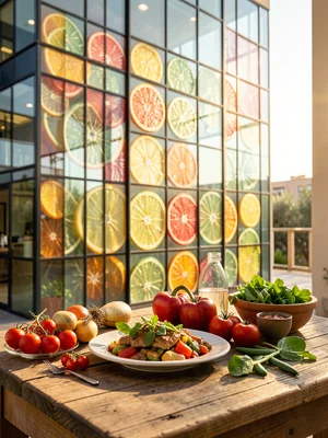 Modern glass office building but glass panels are slices of translucent fruit