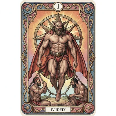 Tarot card illustration, The Devil with chained figures below, inverted pentagra