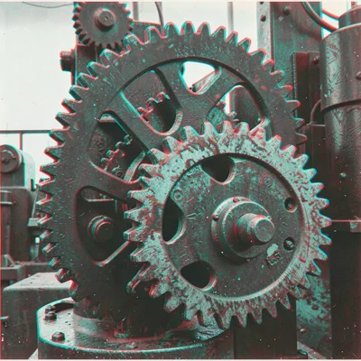 Industrial machinery — a large gear assembly with anaglyph fringing highlighting