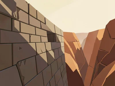 Niched ancient stone wall faces a deep copper canyon at noon under a cream sky, 