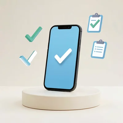 Flat UI hero of a phone tilted three-quarter on a cream pedestal, abstract check