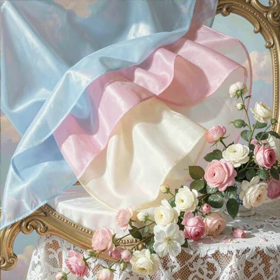 Close-up of layered organza fabric — pale blue, pink, and ivory panels overlappi
