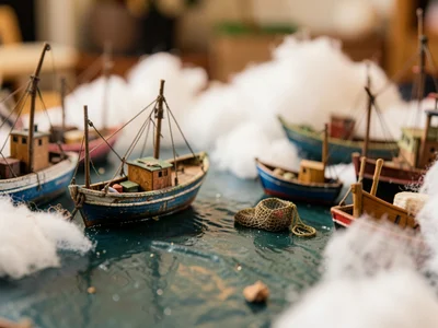 A miniature harbor: fishing boats with weathered paint, tiny lobster traps, cott