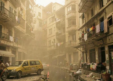 Dusty golden Cairo haze compressing apartment layers, taxi passing colonial era 