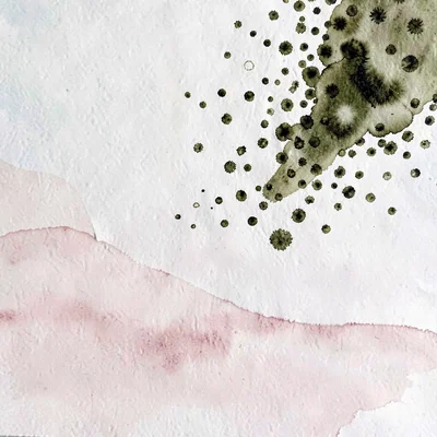 A drift of scattered seed-marks gathers in the upper-right in deep olive against