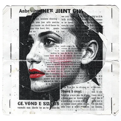A face in profile made from torn newspaper, the text visible as texture, lips co