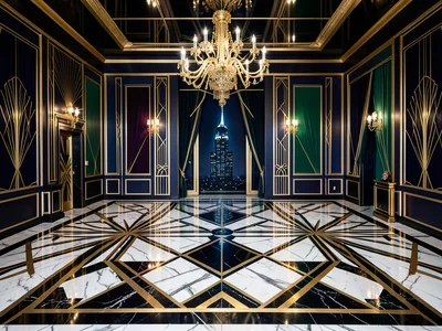 A ballroom floor in black and white marble with gold geometric inlay patterns, r