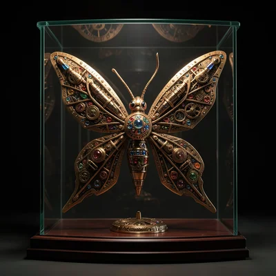 Clockwork butterfly with articulated metal wings, jeweled body, displayed in a g
