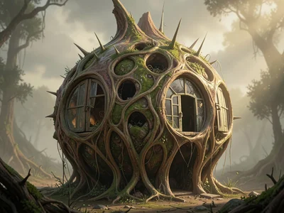 House grown from a single enormous seed, doors and windows formed naturally in b
