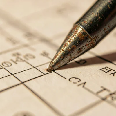 Macro of a tarnished steel divider tip pressed into a blueprint margin, tiny pun