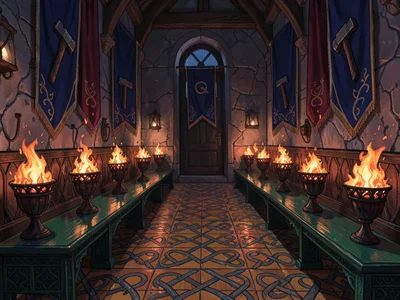 Iron-bound dwarf-king's hall at deep night with one row of brazier flames glowin