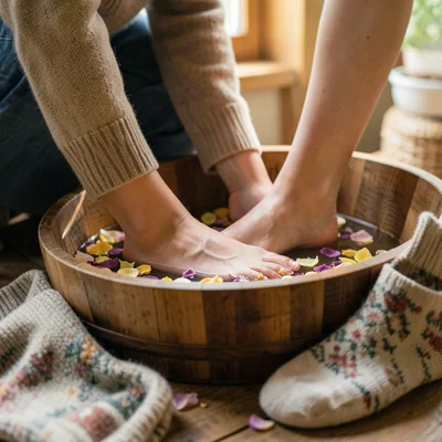 Foot soak in a wooden tub with flower petals, cozy socks nearby, warm lighting