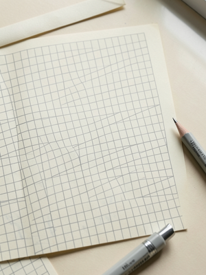 Overhead flat-lay photograph of Japanese stationery on a desk surface,. A minimal close study of Japanese grid paper as 