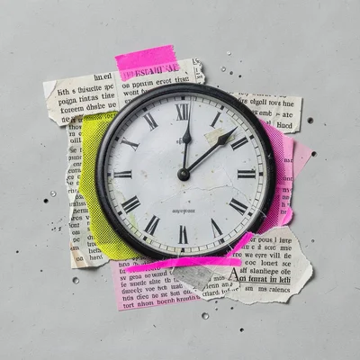 Half of a clipped photographic clock face peeks from beneath layered newsprint s