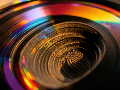 Stack of records with rainbow-colored sleeves, pride playlist, warm light