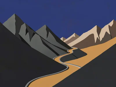 Alpine mountain pass curves between charcoal peaks above an ochre valley under a